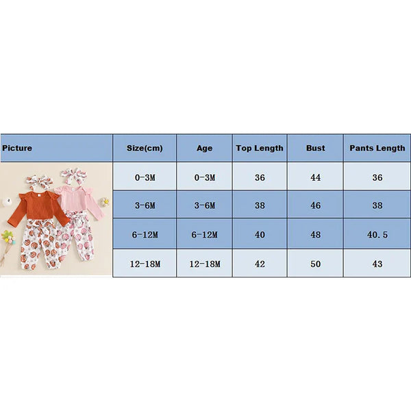 Baby girls' 3-piece Halloween outfit with frill sleeve romper, pumpkin print pants, and headband set.