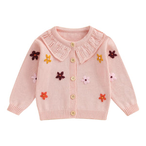Baby Toddler Girls Cardigan Sweater 3D Flower Design Button Down Long Sleeve Knitted Top