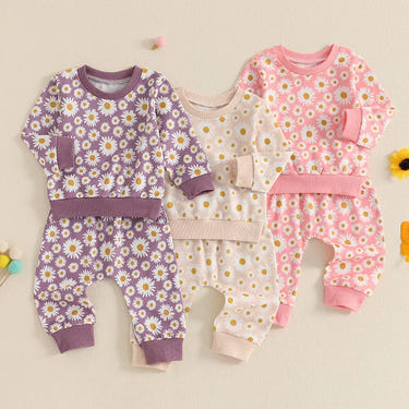 Baby toddler girls' 2-piece fall outfit with daisy print long sleeve top and elastic jogger pants set.