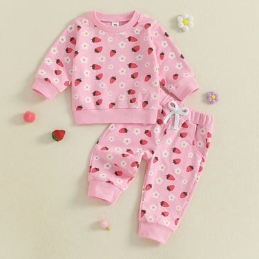 Baby toddler girl 2-piece fall outfit with strawberry flower print, long sleeve top and jogger pants set.