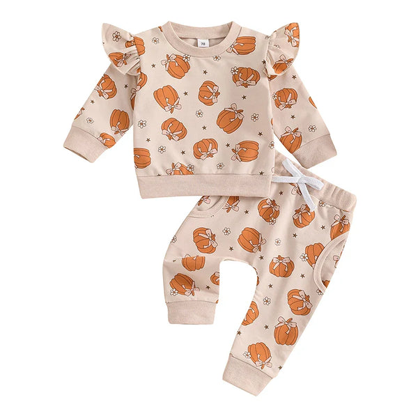Baby Toddler Girl 2Pcs Halloween Outfit Pumpkin Print Long Sleeve Top with Elastic Waist Pants Set