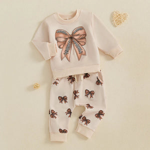 Baby Toddler Girls 2Pcs Fall Outfit Football / Baseball Bow Print Long Sleeve Crewneck Top and Elastic Pants Jogger Set