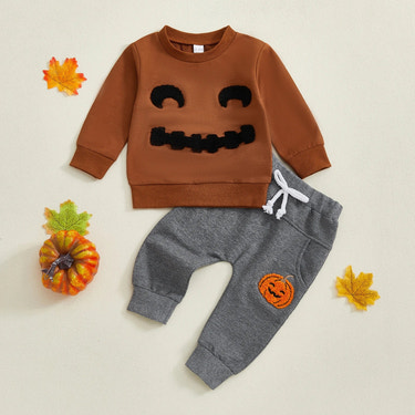 Baby Toddler Boy 2Pcs Halloween Outfit Long Sleeve Top Pumpkin Embroidery Pants Set Toddler Clothes