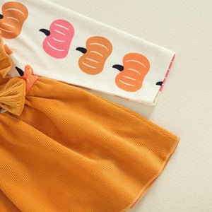 Baby girls' Halloween romper dress set with pumpkin print and headband, long sleeve, angle 9 view.