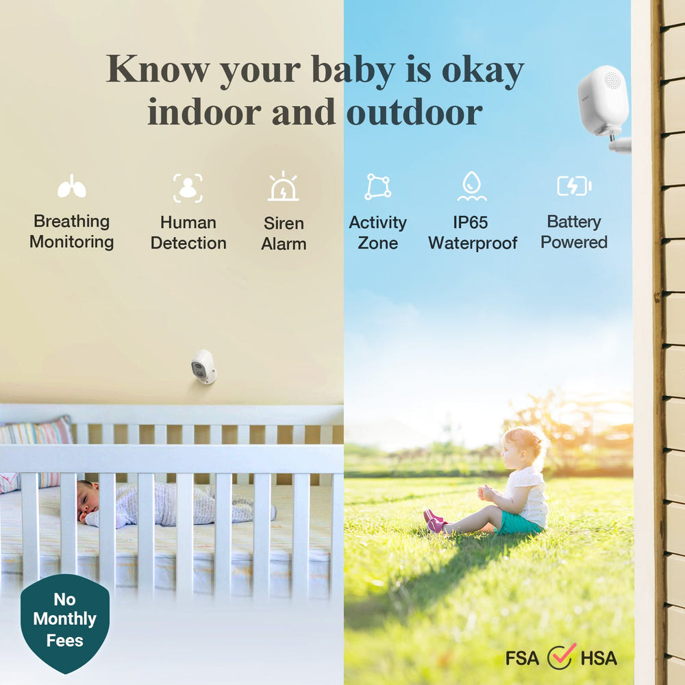 AI Battery Cam baby monitor for enhanced safety and convenience, featuring a sleek design and advanced technology.