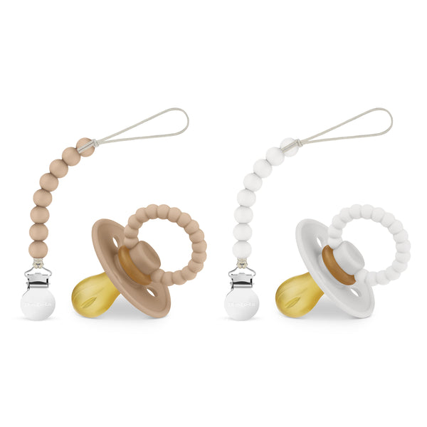 Luladream Pacifier and Clip Set at angle 14, perfect for soothing babies and preventing pacifier loss.
