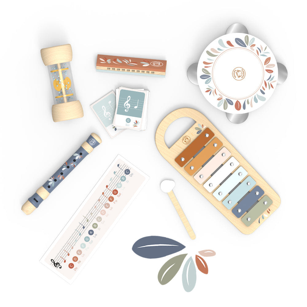 "Colorful musical set with 5 instruments for babies, promoting fun and early musical development."