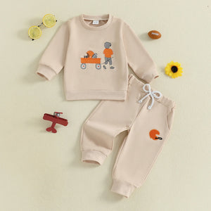 Baby Toddler Boys 2Pcs Autumn Long Sleeve Football Embroidery Top Drawstring Jogger Pants Set