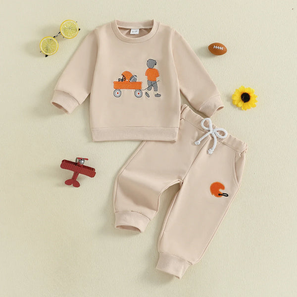 Baby Toddler Boys 2Pcs Autumn Long Sleeve Football Embroidery Top Drawstring Jogger Pants Set