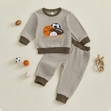 Baby Toddler Boys 2Pcs Fall Outfit Rugby Embroidery Striped Long Sleeve Top and Elastic Pants Clothes Set