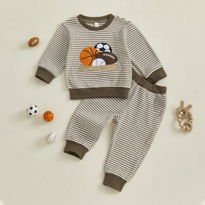 Baby Toddler Boys 2Pcs Fall Outfit Rugby Embroidery Striped Long Sleeve Top and Elastic Pants Clothes Set