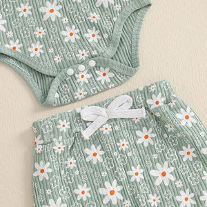 Baby girl floral print romper, long pants, and headband set for spring and fall outfits, angle 8 view.