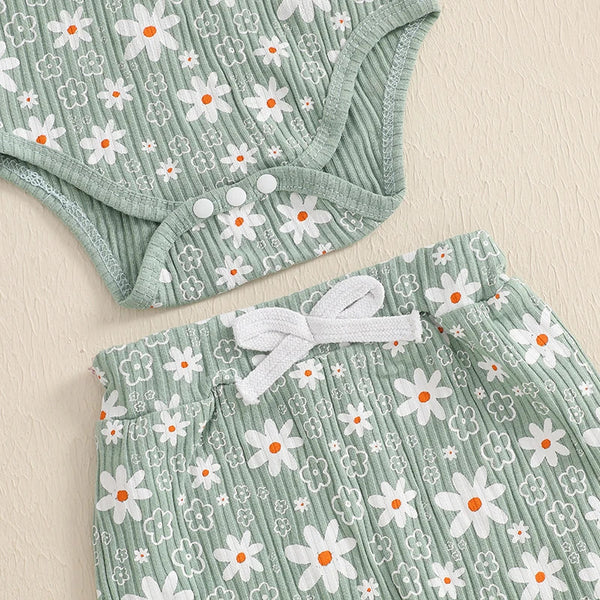 Baby girl floral print romper, long pants, and headband set for spring and fall outfits, angle 8 view.