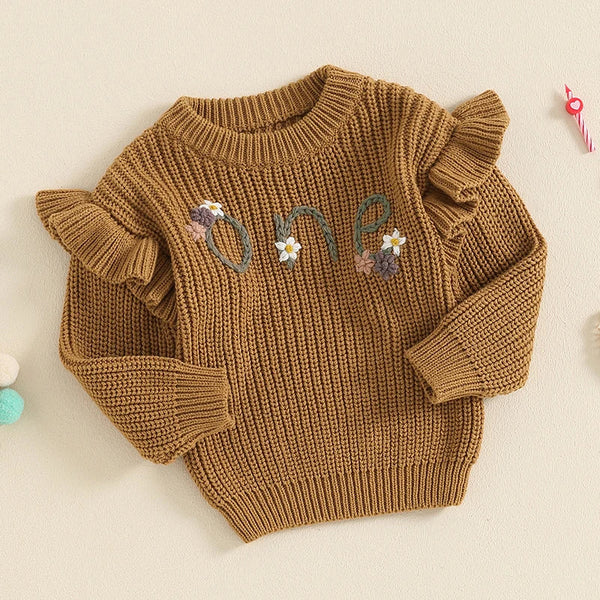 Baby girl birthday sweater with floral embroidery, long sleeve knitted pullover for infants, stylish and warm outfit.