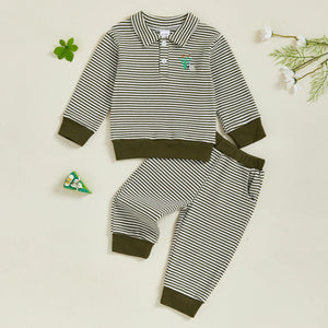 Baby Toddler Boys 2Pcs Long Sleeve Embroidery Duck Top with Striped Pants Infant Clothes Set