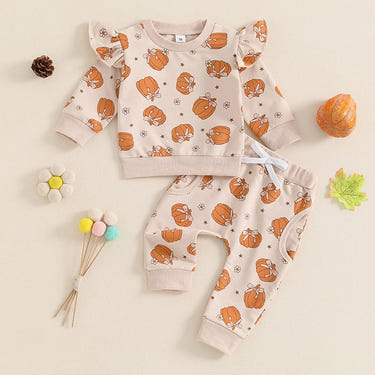 Baby toddler girl Halloween outfit set with pumpkin print long sleeve top and elastic waist pants.