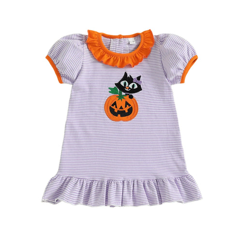 Cute baby girl Halloween striped dress with pumpkin and black cat embroidery, perfect for fall outfits.