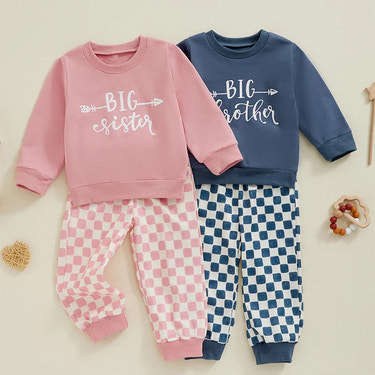 Toddler 2Pcs Big Brother/Sister Letter Print Top & Checkered Pants Set Outfit for Kids