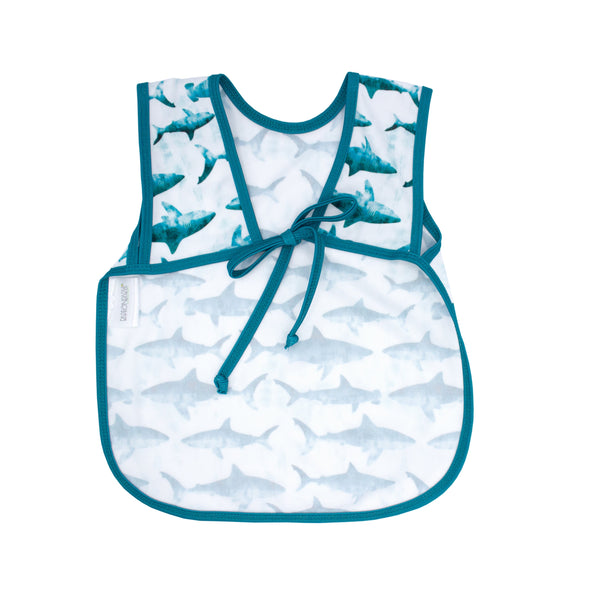Shark Attack Bapron for babies, featuring fun shark design, angled view showcasing its unique style and practicality.
