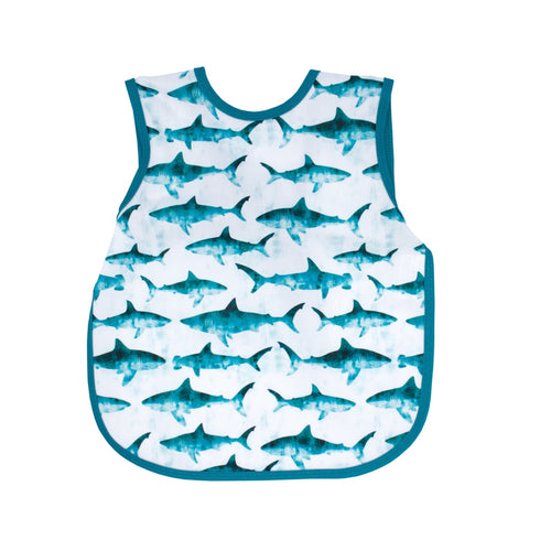 Shark Attack Bapron for babies, angle view showcasing fun design and practical features for mealtime messes.