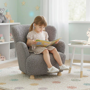 Sherpa Kids Sofa: Comfy toddler armchair with solid rubber wood legs in silver, perfect for kids' seating.