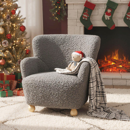 Sherpa Kids Sofa: Comfy toddler armchair with solid rubber wood legs in silver, angled view showcasing design and comfort.