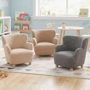 Comfy Sherpa Kids Sofa Toddler Armchair with solid rubber wood legs in silver, perfect for children's seating.