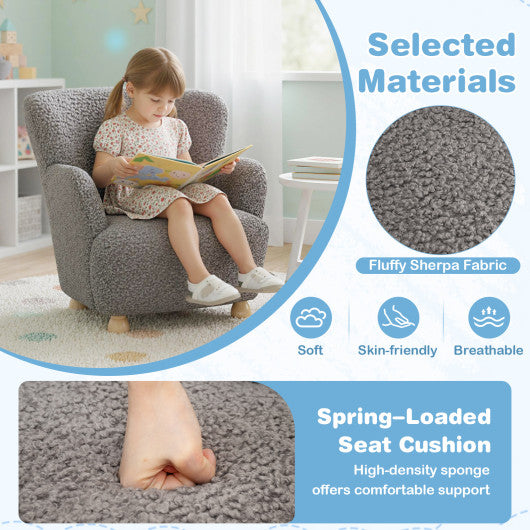 Comfy Sherpa Kids Sofa Toddler Armchair with solid rubber wood legs in silver, angled view showcasing design and comfort.