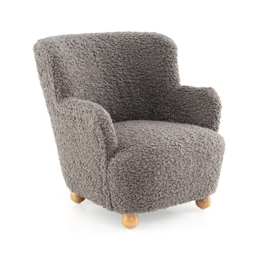 Comfy Sherpa Kids Sofa Toddler Armchair with rubber wood legs in silver, viewed from angle 3. Perfect for little ones!