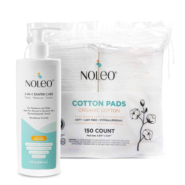NOLEO DUO 3-in-1 Diaper Rash Cream with large cotton pads for gentle, organic baby care.