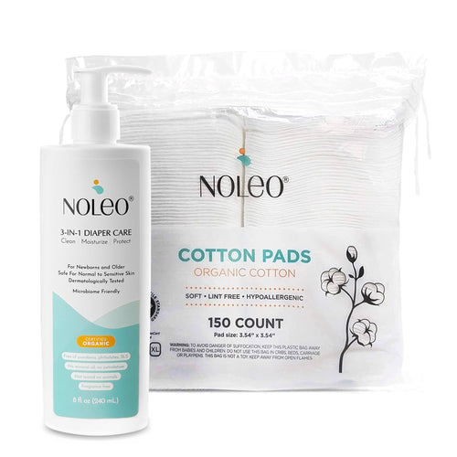 NOLEO DUO 3-in-1 Diaper Rash Cream with large cotton pads for gentle, organic baby care.