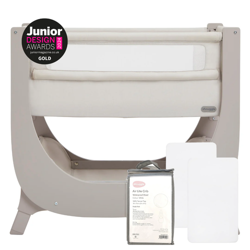 Shnuggle Air Lite Bedside Bassinet, height adjustable infant crib with mattress, waterproof sheet, and white sheets.