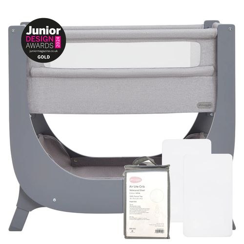 Shnuggle Air Lite Bedside Bassinet: height adjustable infant crib with mattress, waterproof sheet, and 2 white sheets.