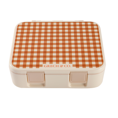3 Compartment Leakproof Lunchbox in Sienna Gingham pattern, perfect for kids' meals on the go.