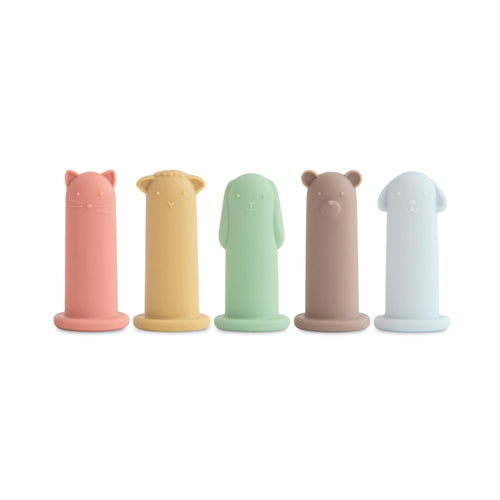 Colorful silicone animal finger puppets for imaginative play and storytelling fun for babies and toddlers.