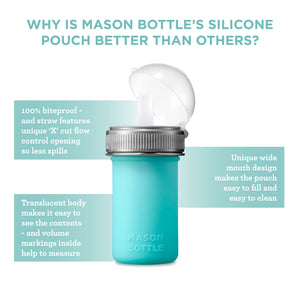 Silicone squeeze pouch for babies, perfect for feeding on-the-go, shown from angle 4.
