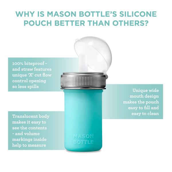 Silicone squeeze pouch for babies, perfect for feeding on-the-go, shown from angle 4.