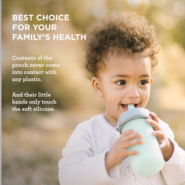 Silicone squeeze pouch for babies, perfect for easy feeding and mess-free meals. Angle 2 view.