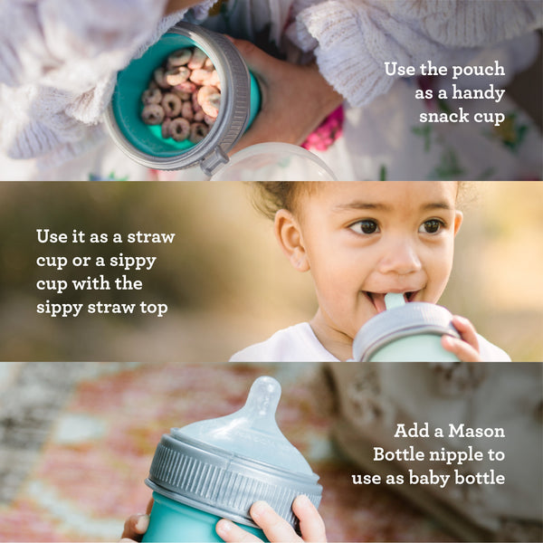 Silicone squeeze pouch for babies, perfect for feeding and easy to hold, shown from angle 6.
