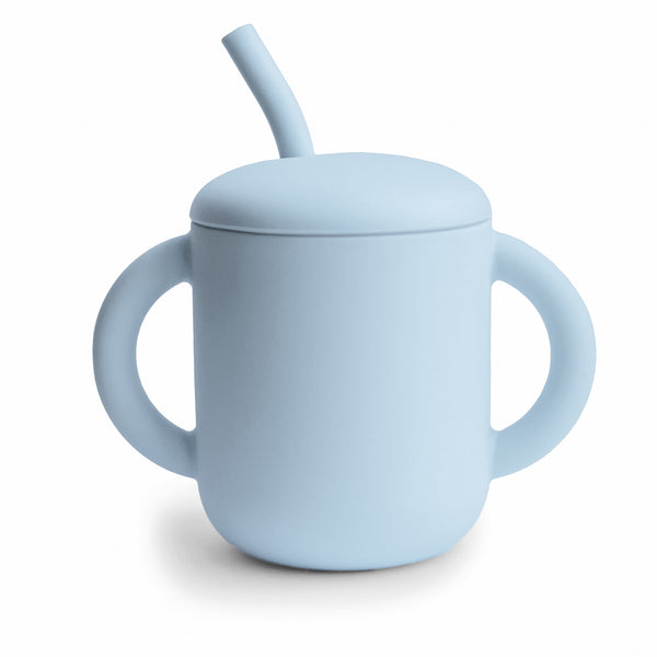 Silicone training cup with straw, perfect for toddlers learning to drink independently. Angle 13 view.