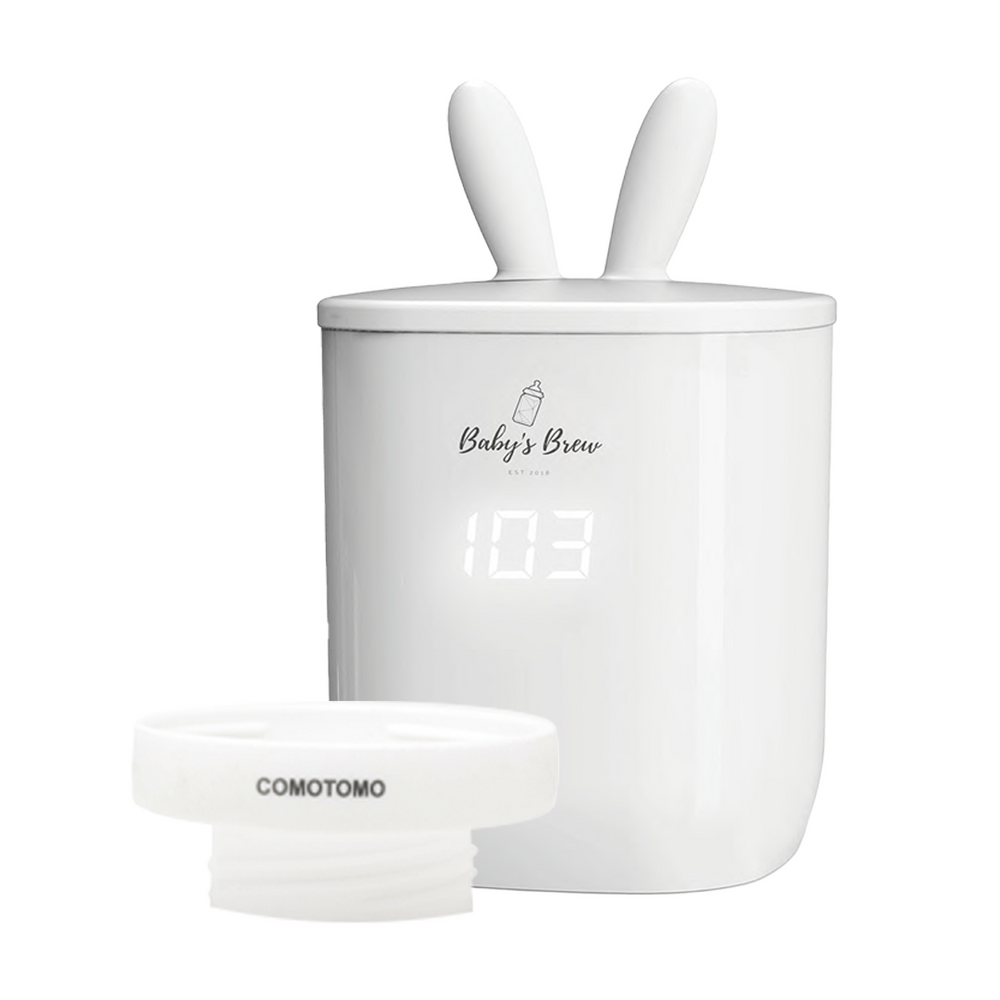Portable bottle warmer with one adapter for easy on-the-go feeding.