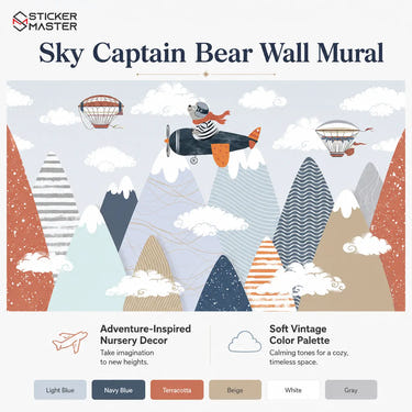 Sky Captain Bear Wall Mural | Airplane Kids Nursery Wallpaper Wall Art