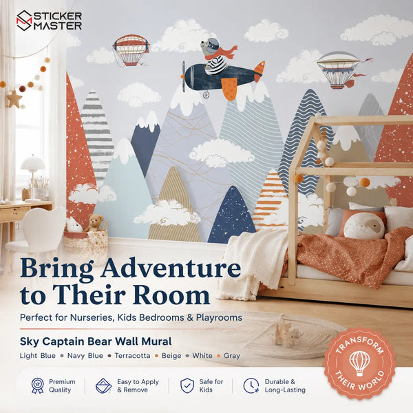 Sky Captain Bear Wall Mural | Airplane Kids Nursery Wallpaper Wall Art