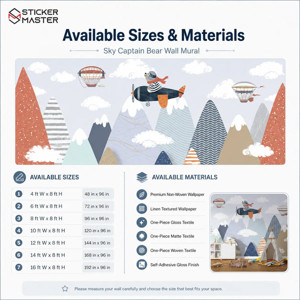 Sky Captain Bear Wall Mural | Airplane Kids Nursery Wallpaper Wall Art