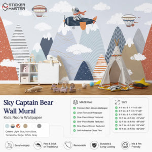 Sky Captain Bear Wall Mural | Airplane Kids Nursery Wallpaper Wall Art