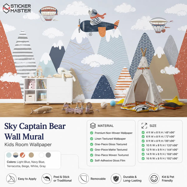 Sky Captain Bear Wall Mural | Airplane Kids Nursery Wallpaper Wall Art