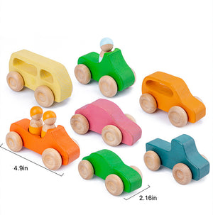 Wooden car toy set - 10 piece indoor playset, angled view showcasing colorful designs and durable craftsmanship.
