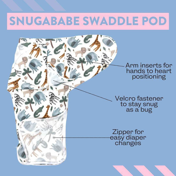 Snugababe Swaddle™ Sleep Pod featuring adorable safari animals for comfortable baby sleep. Angle 4 view.