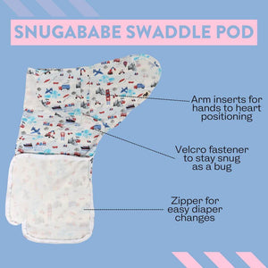 Snugababe Swaddle™ Sleep Pod in Transportation design for cozy and safe baby sleep.
