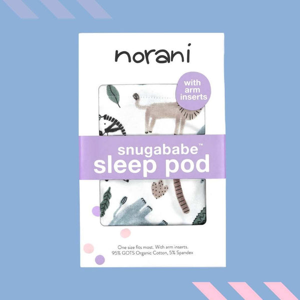 Snugababe Swaddle™ Sleep Pod featuring adorable safari animals for comfortable baby sleep.